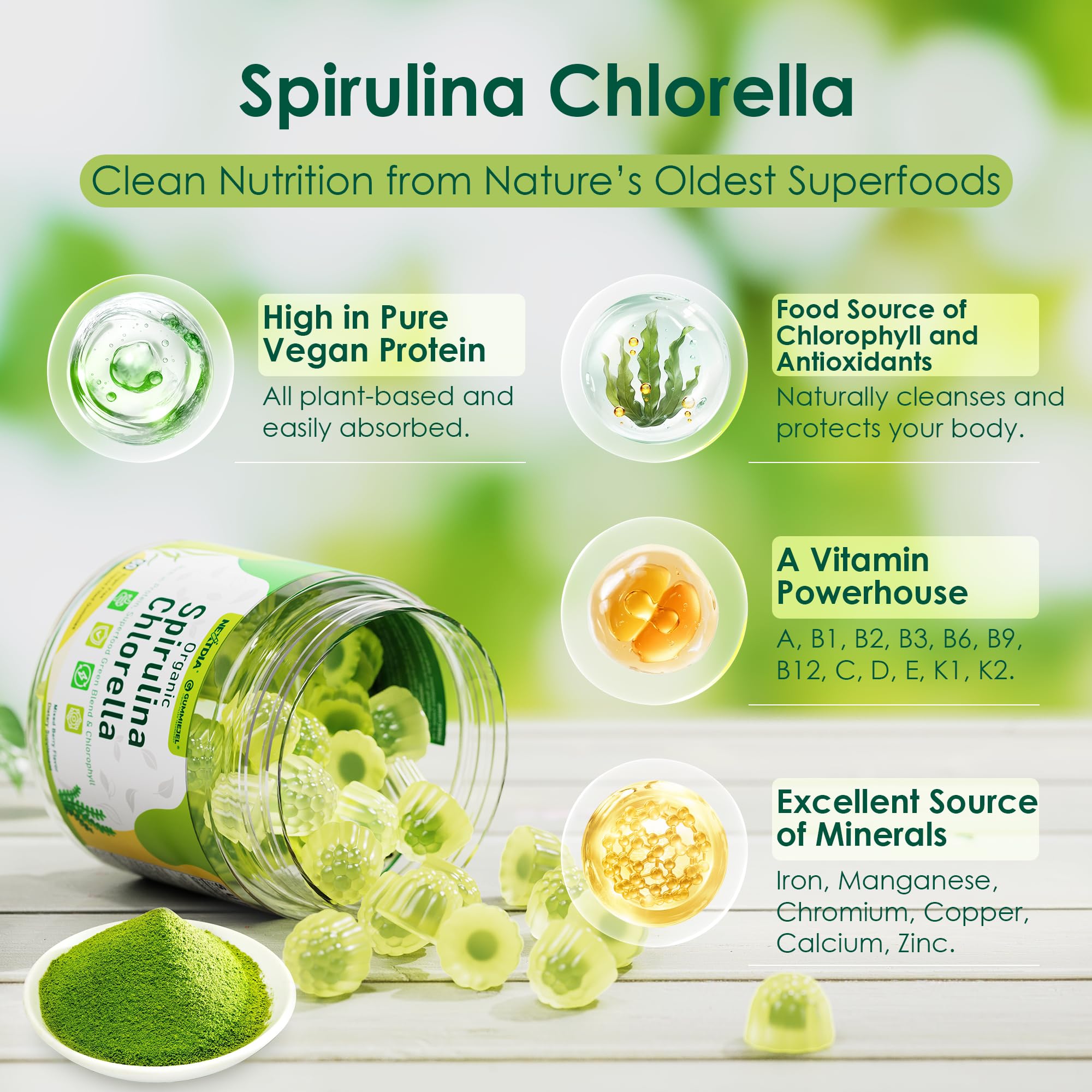 Organic Spirulina & Chlorella Gummies – Vegan Protein, Super Greens, Vitamins C & D3, Zinc & B12 | Sugar Free, 60 Count