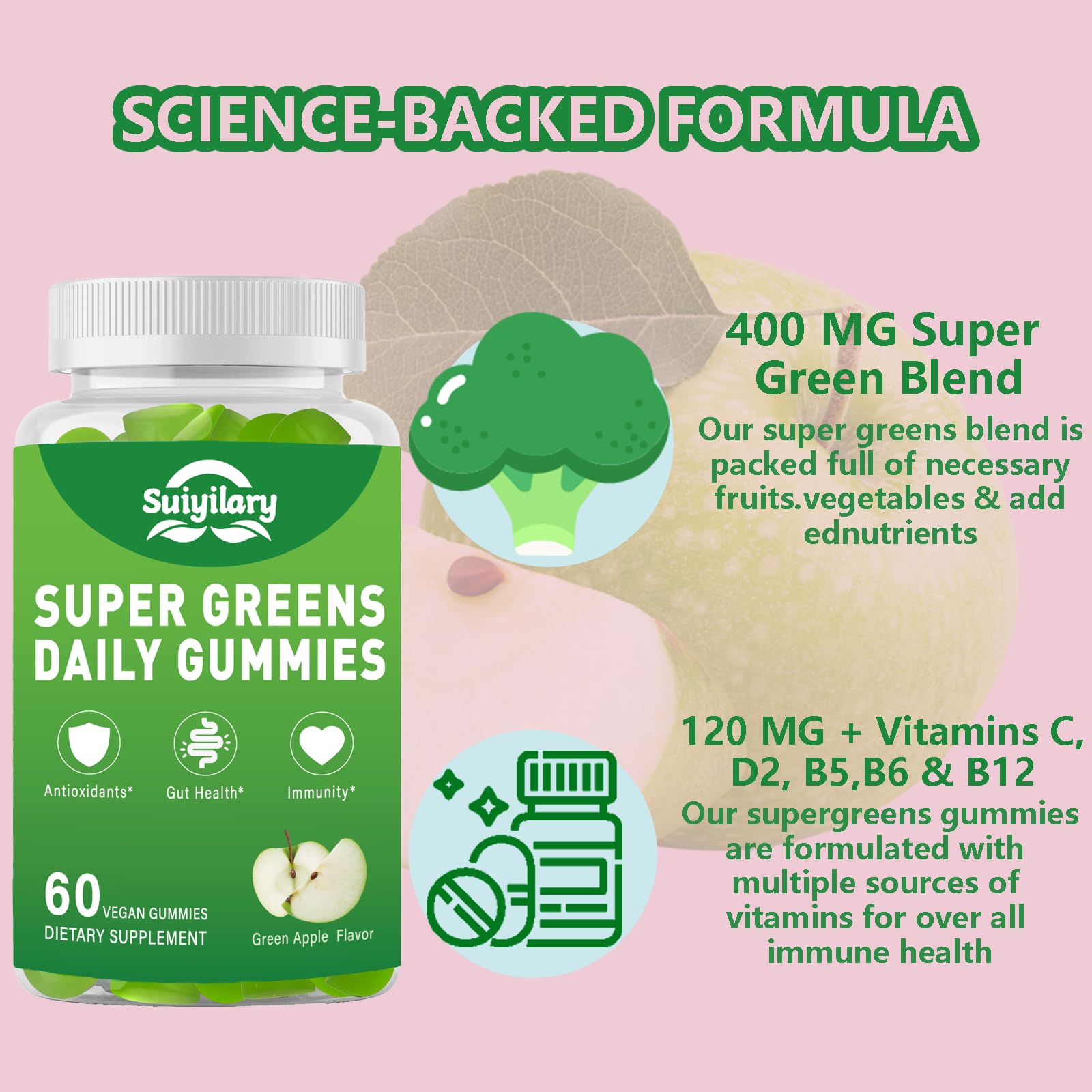 Sugar Free Supergreens Gummies – Apple Flavor, 60 Count | Immune & Gut Health