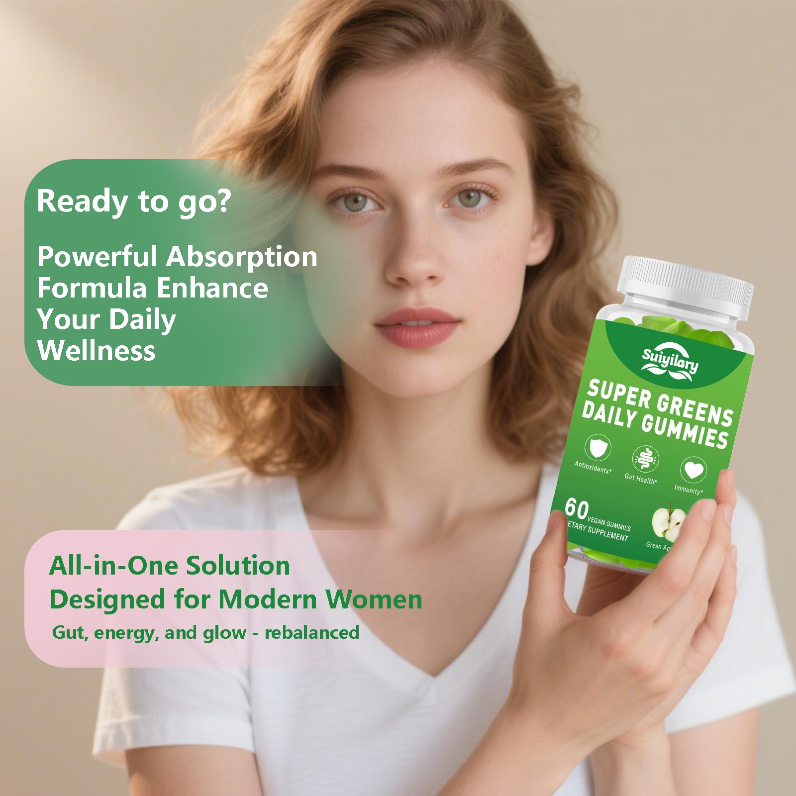 Sugar Free Supergreens Gummies – Apple Flavor, 60 Count | Immune & Gut Health