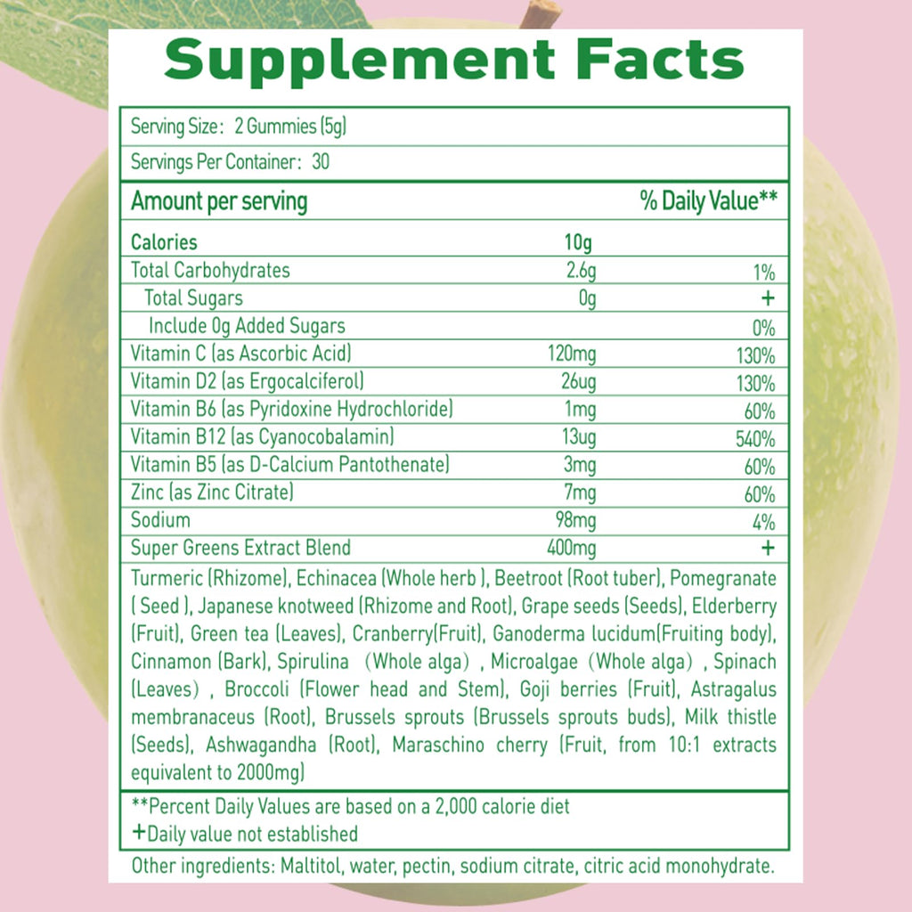 Sugar Free Supergreens Gummies – Apple Flavor, 60 Count | Immune & Gut Health