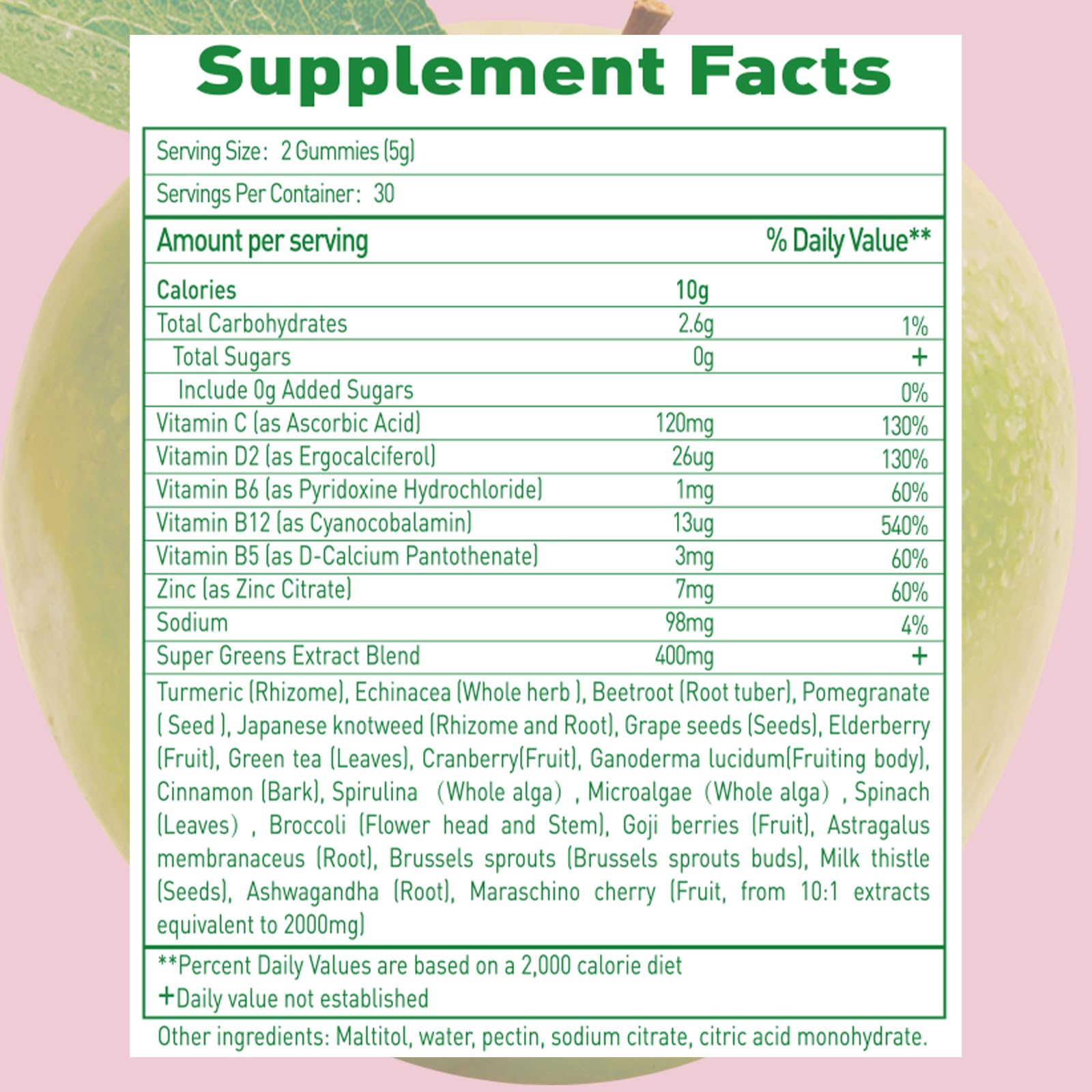 Sugar Free Supergreens Gummies – Apple Flavor, 60 Count | Immune & Gut Health
