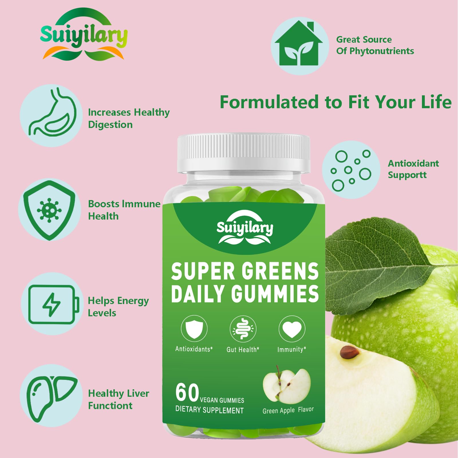 Sugar Free Supergreens Gummies – Apple Flavor, 60 Count | Immune & Gut Health