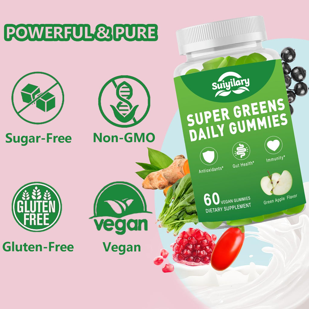 Sugar Free Supergreens Gummies – Apple Flavor, 60 Count | Immune & Gut Health
