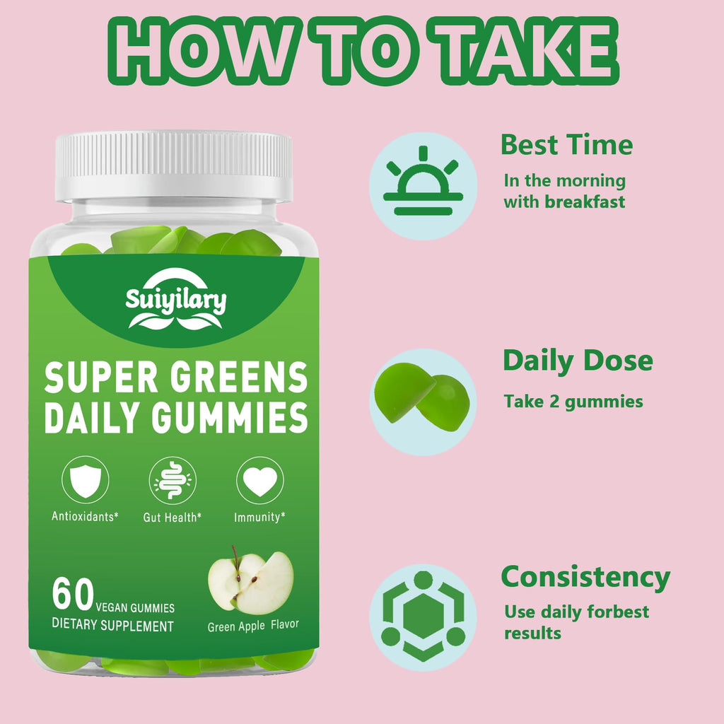 Sugar Free Supergreens Gummies – Apple Flavor, 60 Count | Immune & Gut Health