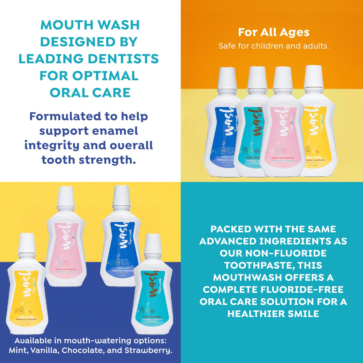 SuperMouth® Fluoride-Free Mouthwash – Nano-Hydroxyapatite, D3 & K2, Prebiotics, Alkaline pH 8.5, Alcohol-Free, 4 Flavors