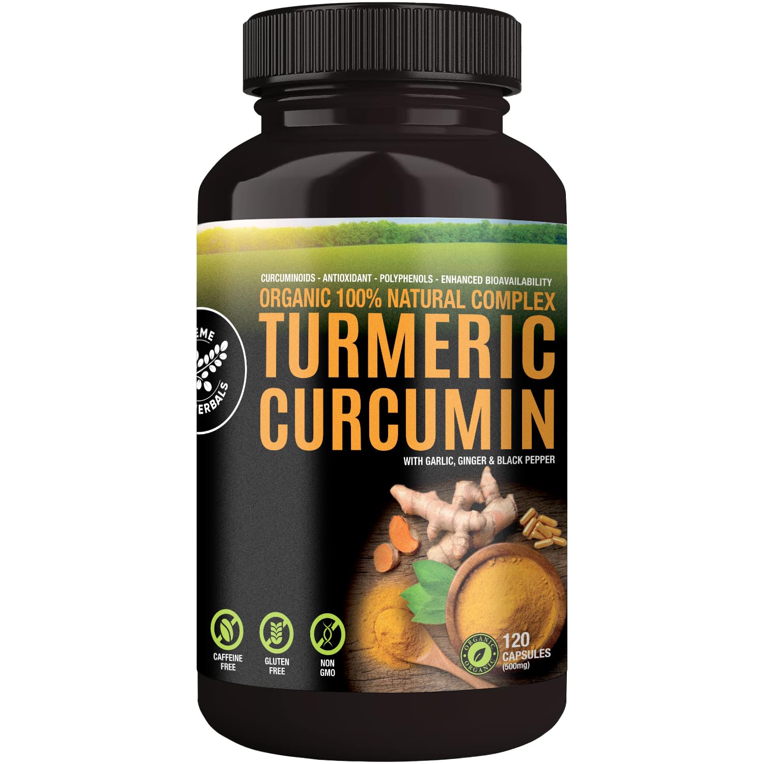 SUPREME HERBALS Turmeric Curcumin 500mg Capsules - Organic, Gluten-Free, Non-GMO (120 Vegan)