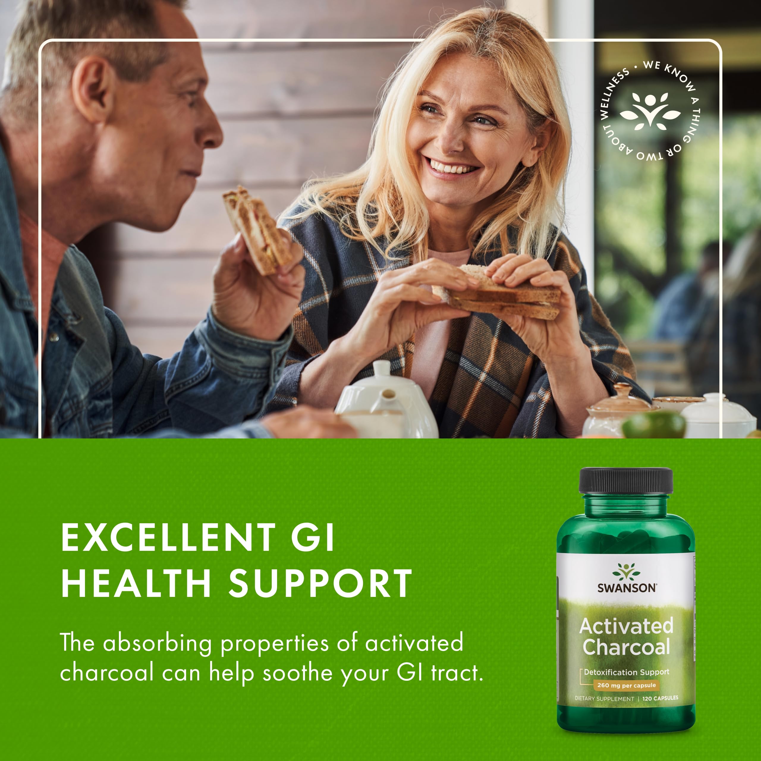 Swanson Activated Charcoal - Natural Supplement Supporting Healthy Absorption - Helps w/Bloating & Maintaining Bowel Regularity - (120 Capsules, 520mg per Serving)