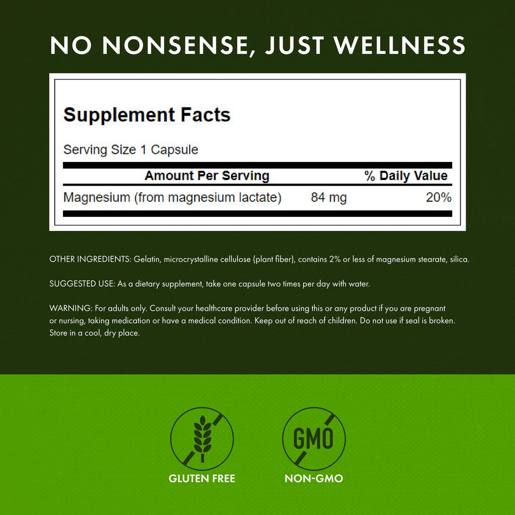 Swanson Magnesium Lactate - Lactose-Free Magnesium with Gentle Absorption | 4-Pack (480 capsules)