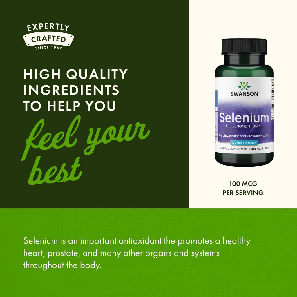 Swanson Selenium (L-Selenomethionine) - 2 Pack, 300 Capsules, 100mcg - Heart & Prostate Support