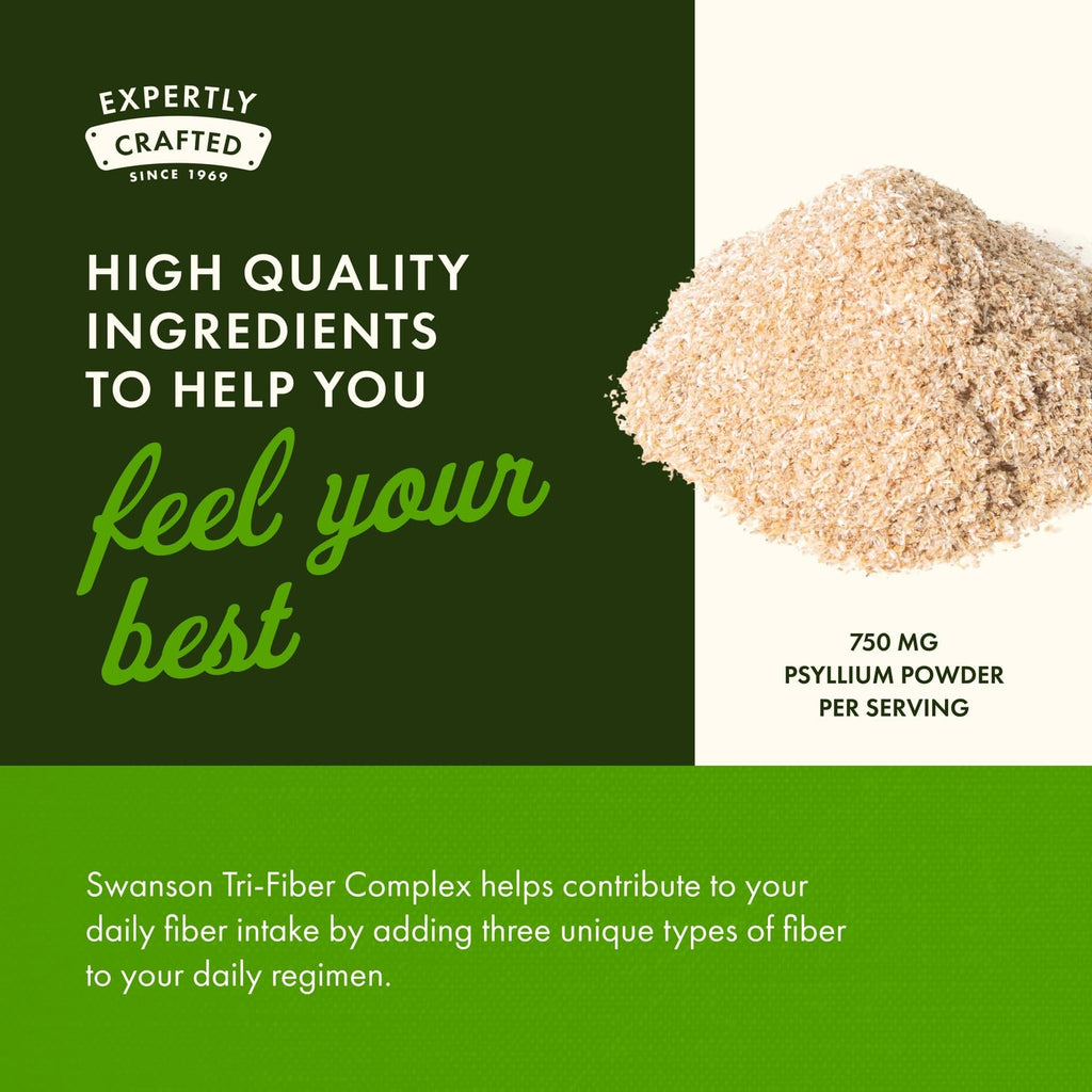 Swanson Tri-Fiber Complex - Digestive Health (Psyllium, Oat Bran, Apple Pectin) 100 Caps - 2 Pack