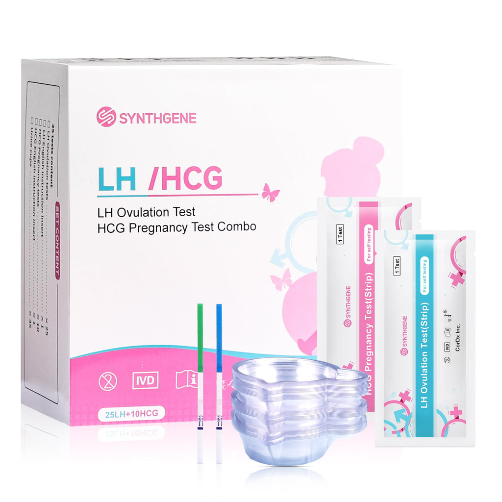 SYNTHGENE Ovulation & Pregnancy Test Kit – LH 25 & HCG 10, 25 Ovulation & 10 Pregnancy Tests, 35 Urine Cups