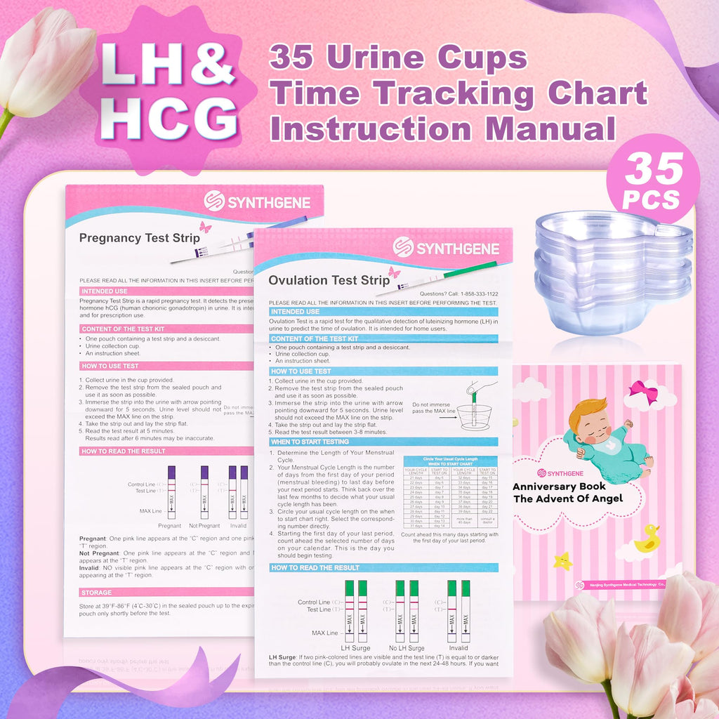 SYNTHGENE Ovulation Test Strips - LH 40, HCG 15 | 40 Ovulation Tests, 15 Pregnancy Tests, 55 Urine Cups