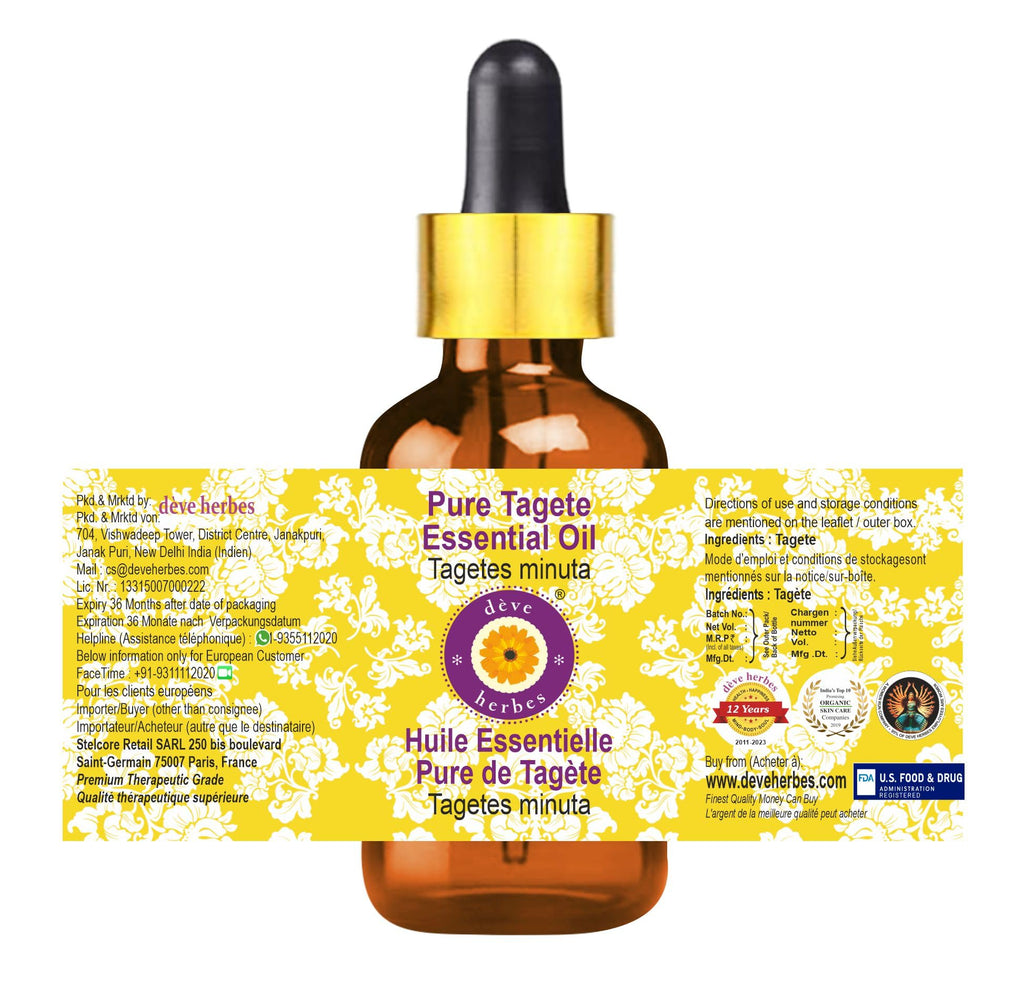 dève herbes Tagete Essential Oil (Tagetes minuta) | 100ml Steam Distilled with Glass Dropper | Pure, Non-Sticky, Non-Greasy