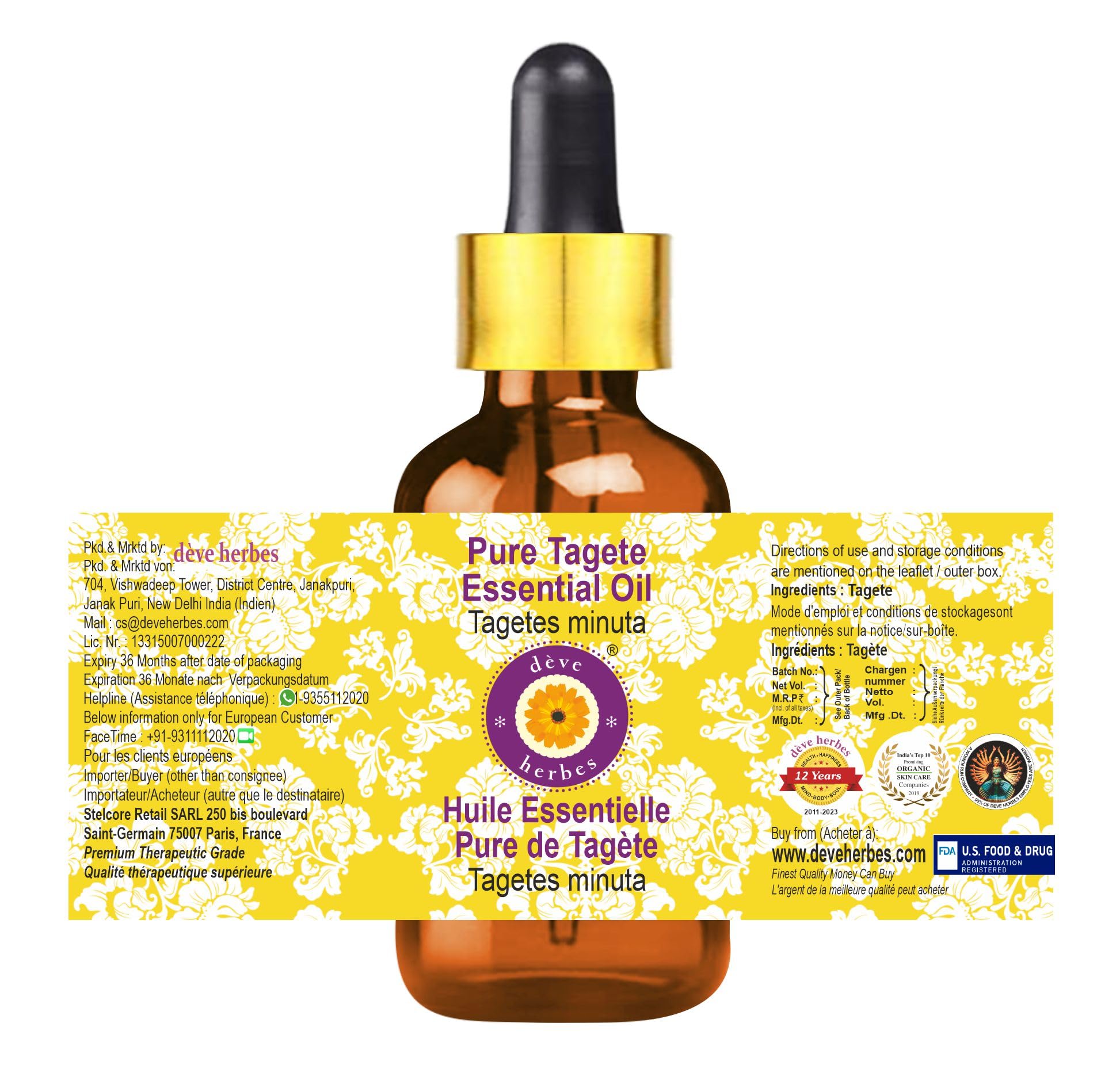 dève herbes Tagete Essential Oil (Tagetes minuta) | 100ml Steam Distilled with Glass Dropper | Pure, Non-Sticky, Non-Greasy