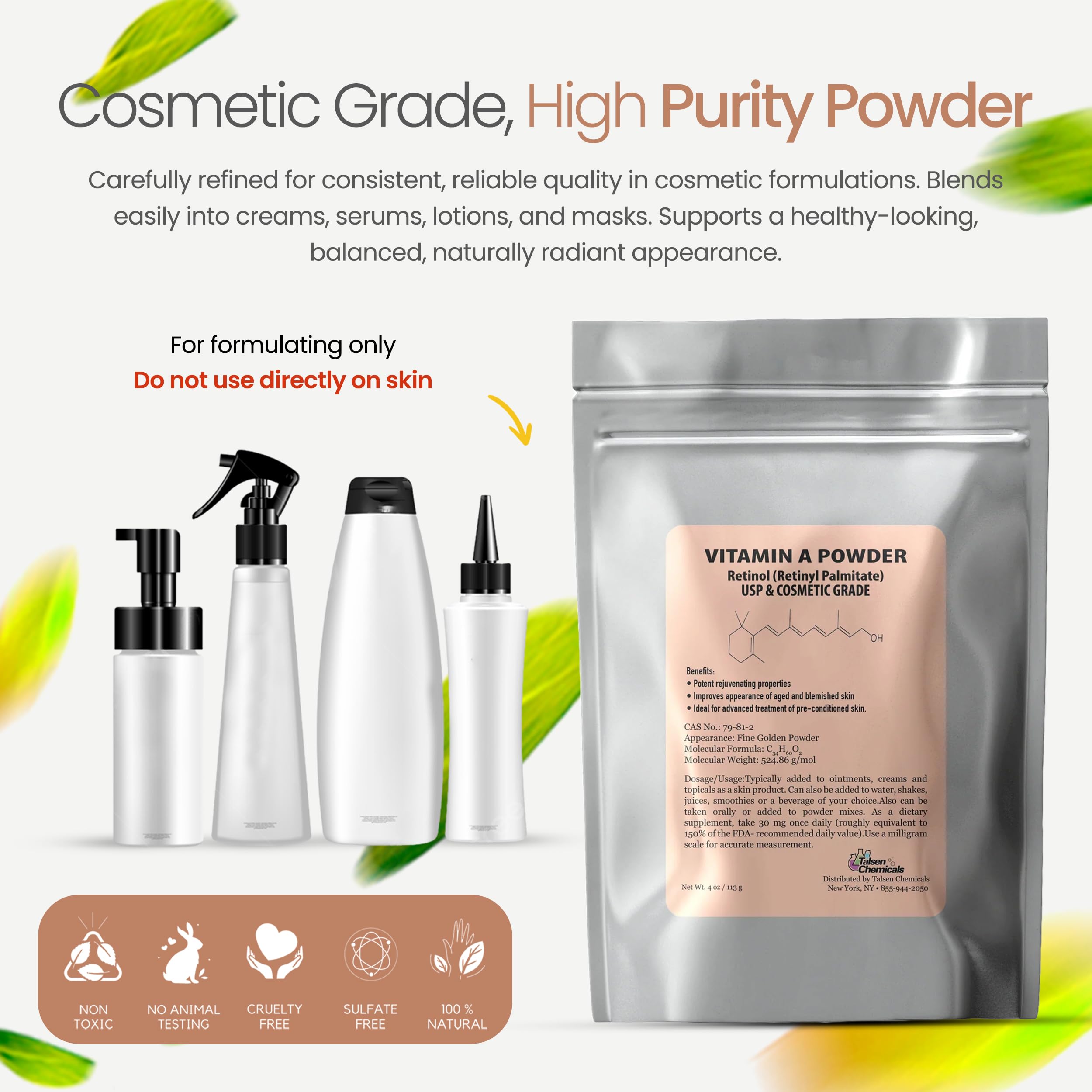 Vitamin A Powder – Retinyl Palmitate & Retinol (1 oz / 28 g) USP & Cosmetic Grade | Talsen