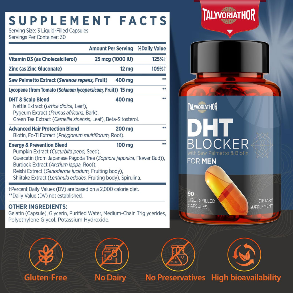 Talyvoriathor DHT Blocker for Men — Saw Palmetto & Biotin, Liquid-Filled Capsules, 180 Count