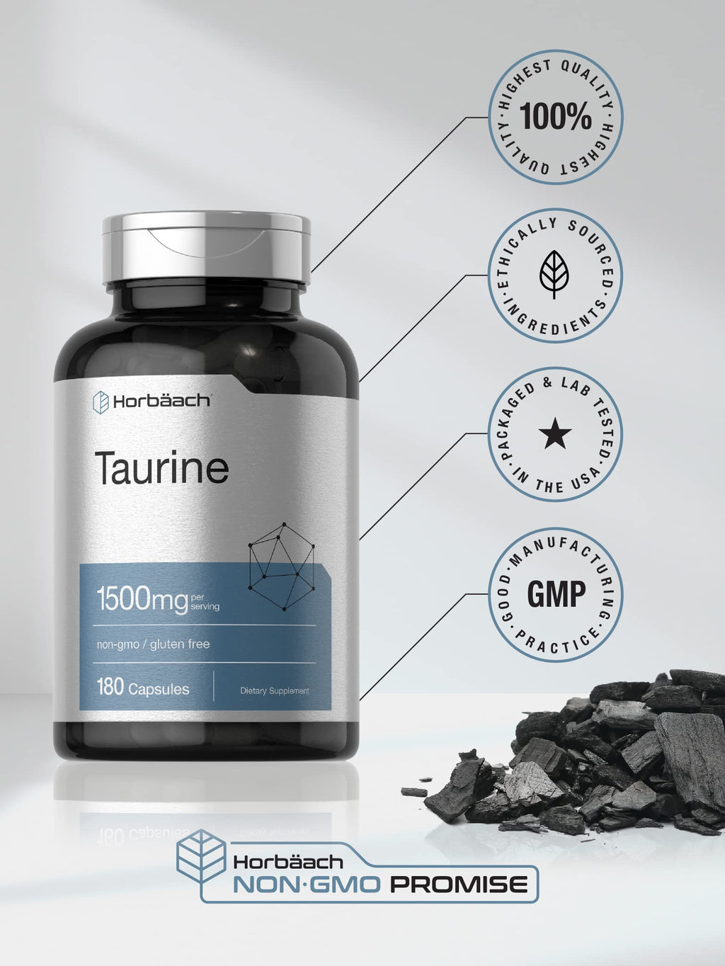 Horbäach Taurine Supplement 1500mg | 180 Capsules | Non-GMO & Gluten Free
