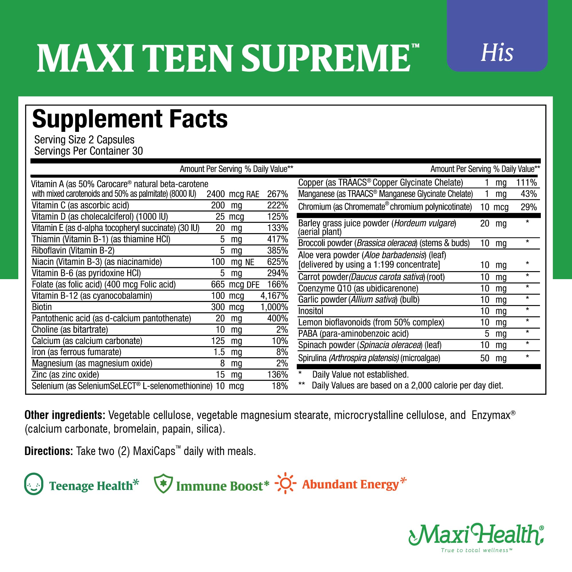 Teen Vitamins for Boys 12-17 – Multivitamin Supreme with D3, Iron, Calcium | 60 Count