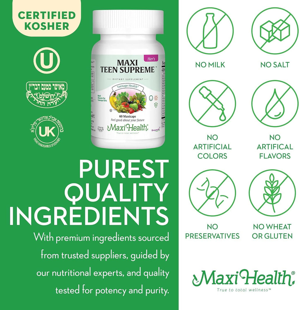 Teen Vitamins for Girls 12-17 - Teen Multivitamin Supreme with D3, Iron, Calcium, Biotin, Digestive Enzymes – Teenager Girl Multi Vitamins for Energy, Immune & Mood Support – 60 Count