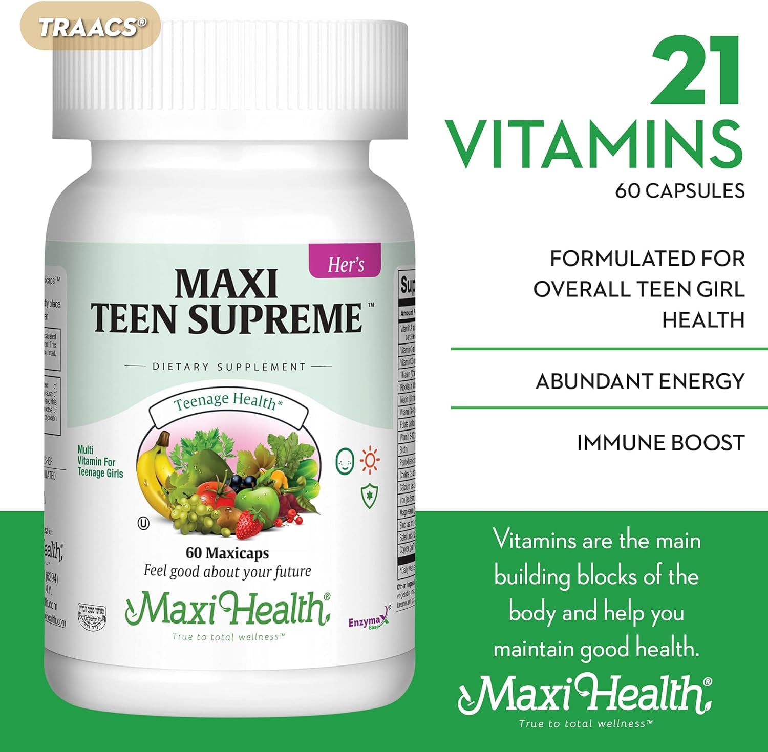 Teen Vitamins for Girls 12-17 - Teen Multivitamin Supreme with D3, Iron, Calcium, Biotin, Digestive Enzymes – Teenager Girl Multi Vitamins for Energy, Immune & Mood Support – 60 Count