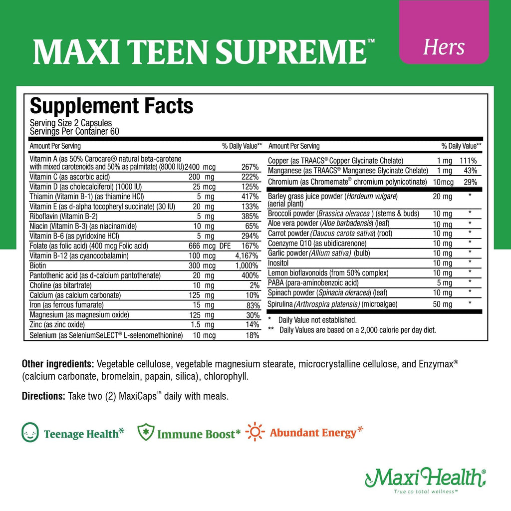 Teen Vitamins for Girls 12-17 - Teen Multivitamin Supreme with D3, Iron, Calcium, Biotin, Digestive Enzymes – Teenager Girl Multi Vitamins for Energy, Immune & Mood Support – 60 Count