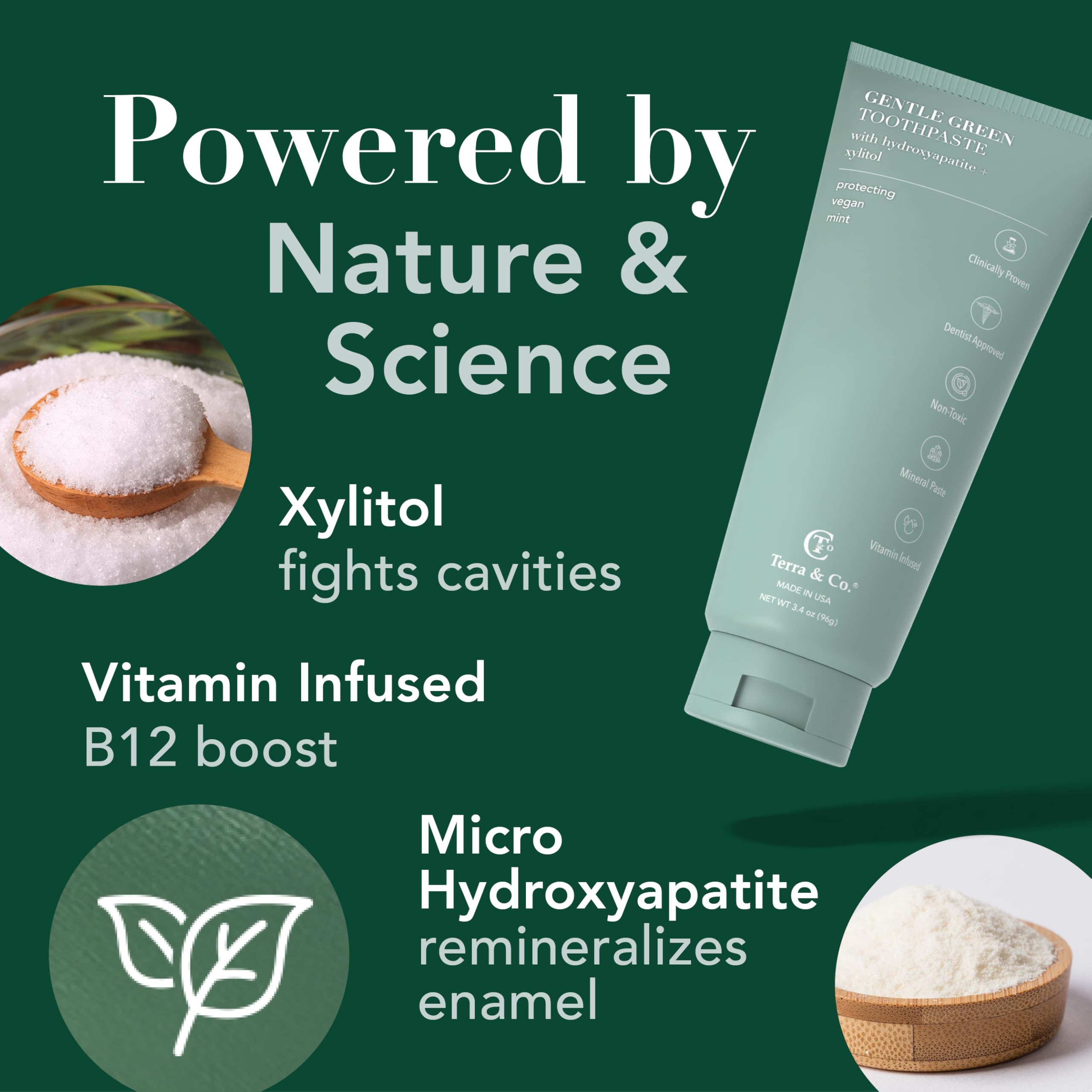 Terra & Co. Gentle Green Micro-Hydroxyapatite Toothpaste for Sensitive Teeth – USA-Made, Vitamin B12, Fluoride-Free, Vegan, SLS-Free – Mint, 3.4 oz