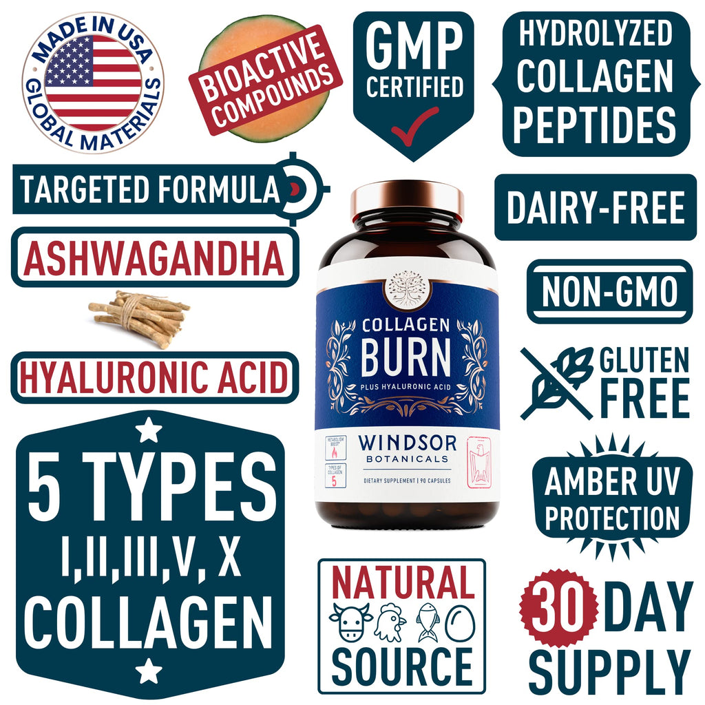 Thermogenic Multi Collagen Burn Capsules – 2-Pack, 180 Pills | Hyaluronic Acid, Marine Collagen & Vitamin C