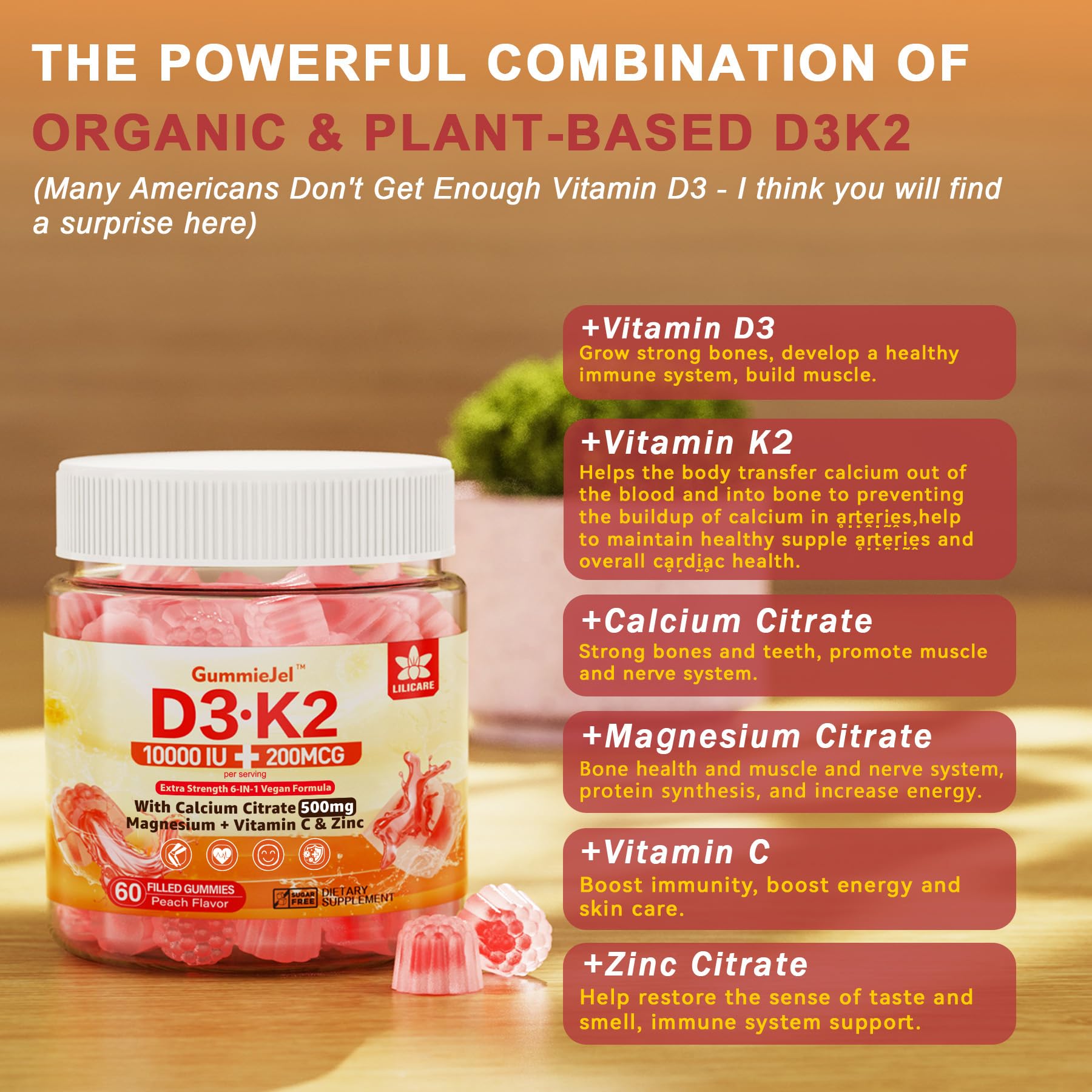 LILICARE Vitamin D3 K2 Filled Gummies – Vegan, Ultra-Strength D3/K2 with Calcium & Magnesium, Pack of 2