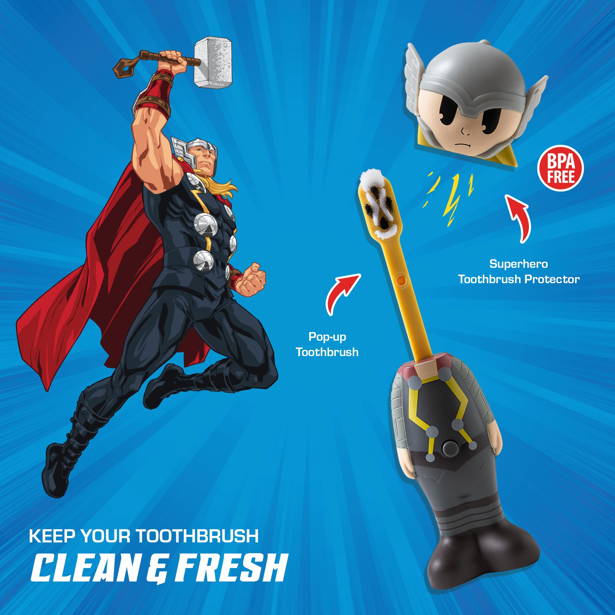 Brush Buddies Marvel Thor Kids Toothbrush – Soft Bristles & Poppin' Cap