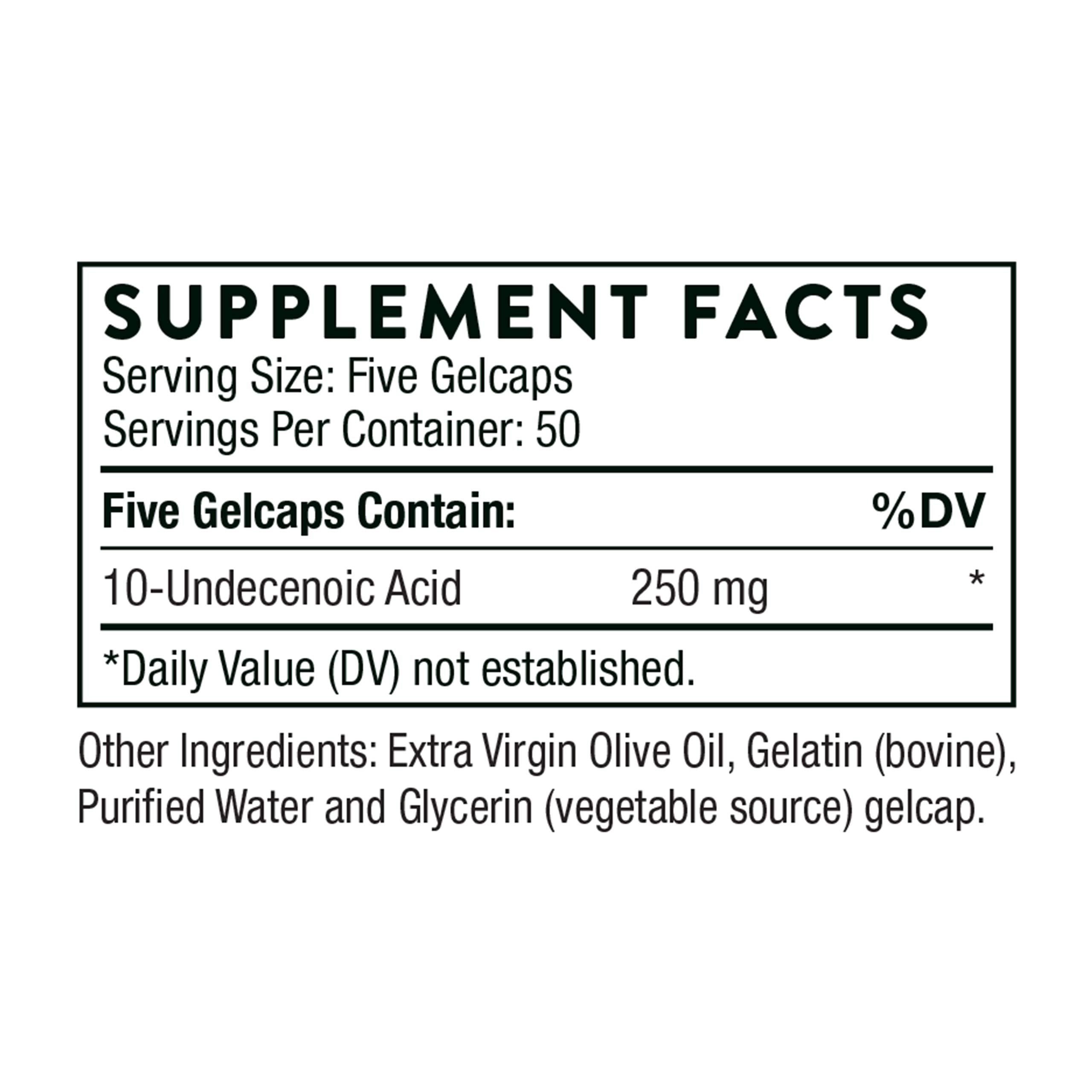 THORNE Undecylenic Acid 250 mg – Supports Gut & Vaginal Flora, Gluten Free • 250 Gelcaps, 50 Servings