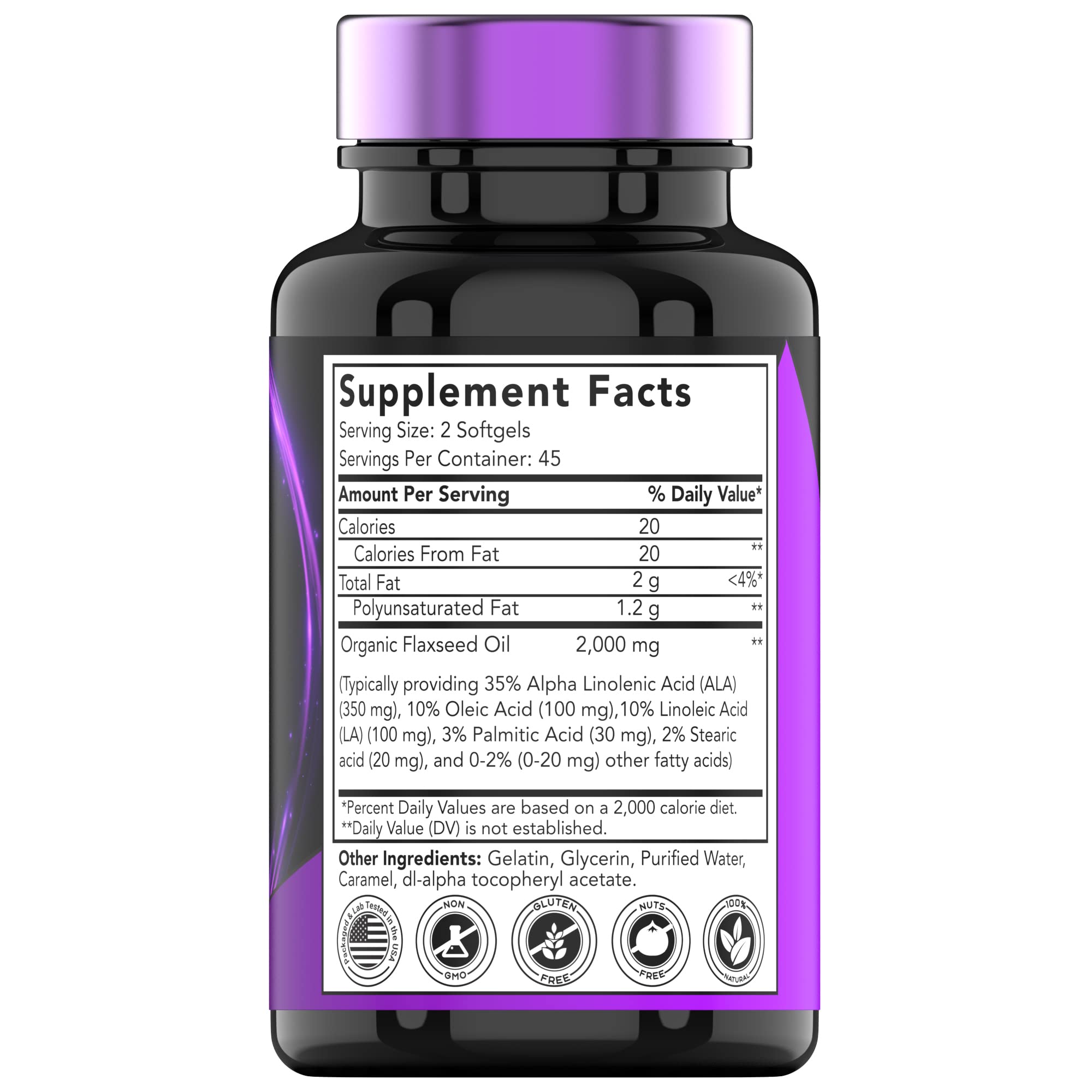 tnvitamins Organic Flaxseed Oil Softgels 2000 mg | 90 Softgels | Omega-3 | Non-GMO (Pack of 2)