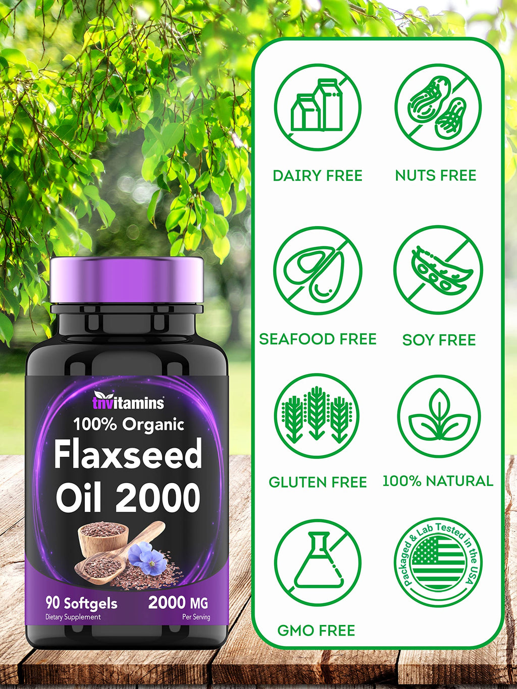 tnvitamins Organic Flaxseed Oil Softgels 2000 mg | 90 Softgels | Non-GMO