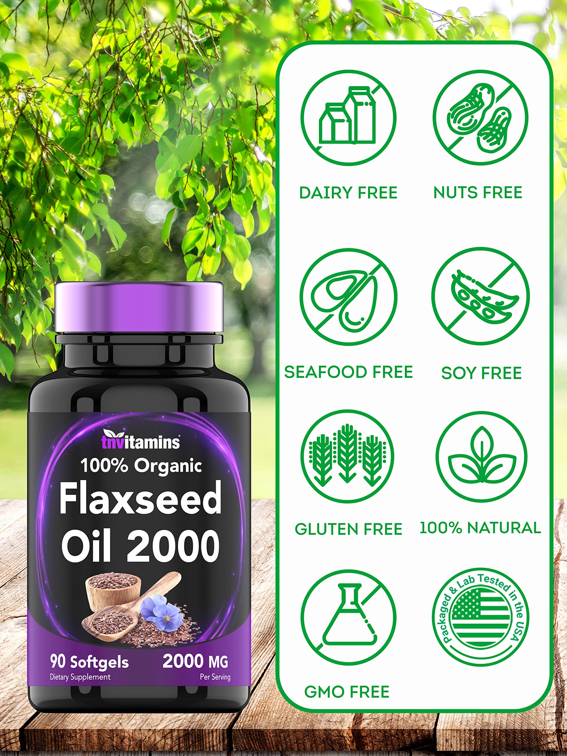 tnvitamins Organic Flaxseed Oil Softgels 2000 mg | 90 Softgels | Non-GMO