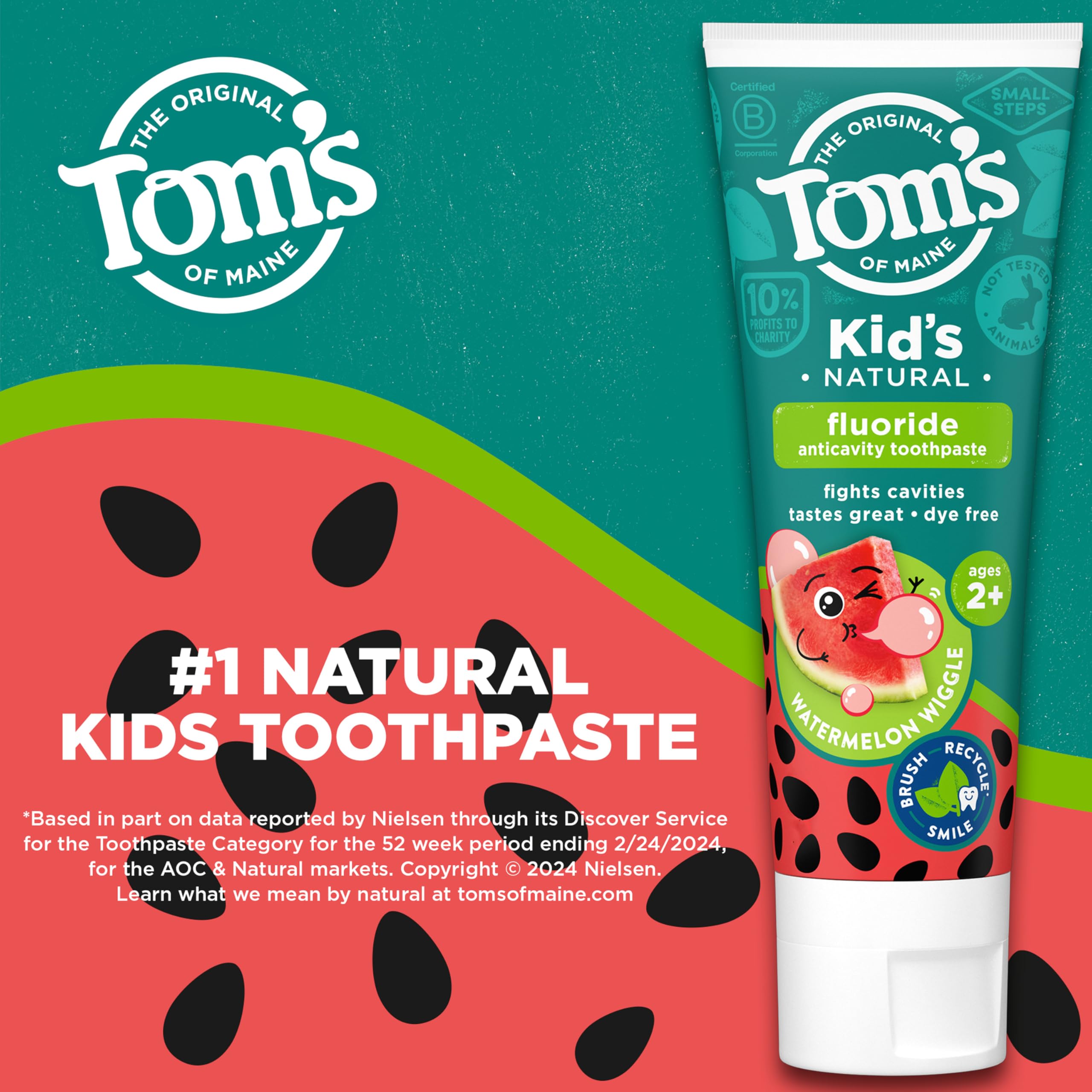 Tom's of Maine Watermelon Wiggle Kids Toothpaste with Fluoride – 3 Pack (5.1 oz) | Natural Kids Toothpaste