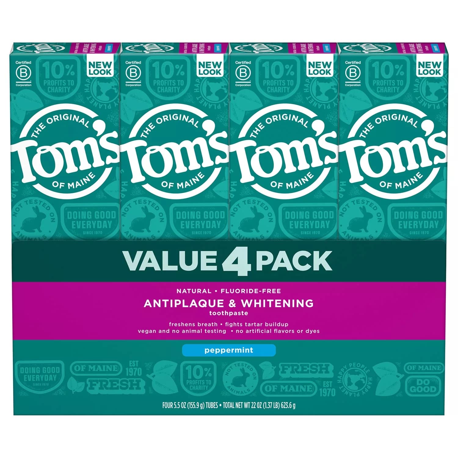 Tom's of Maine Fluoride-Free Antiplaque & Whitening Toothpaste – Peppermint, 5.5 oz, 4 pk