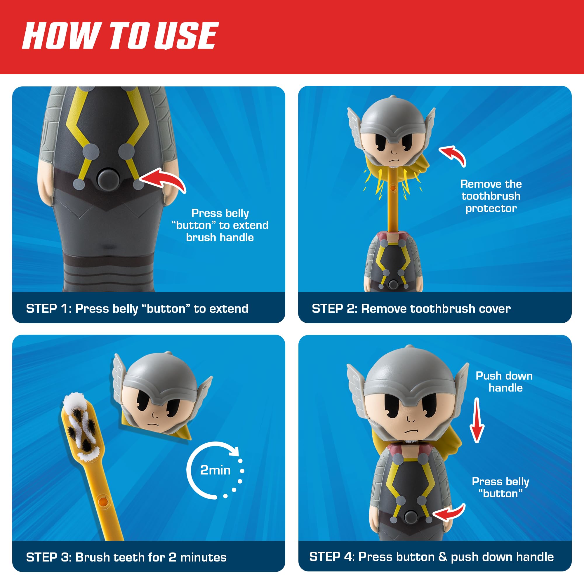 Brush Buddies Marvel Thor Kids Toothbrush – Soft Bristles & Poppin' Cap