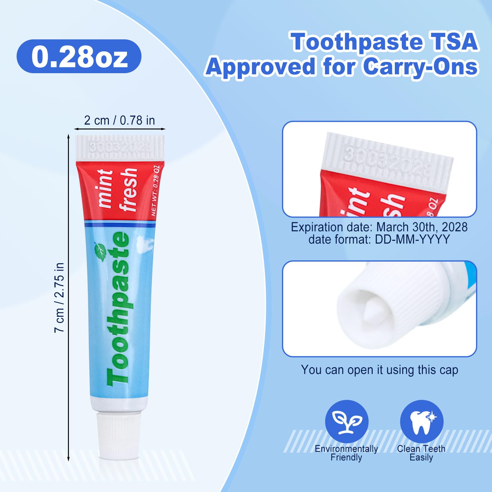 0.28oz Small Toothpaste Travel Size Bulk – 60 Pack, Mint, TSA Compliant
