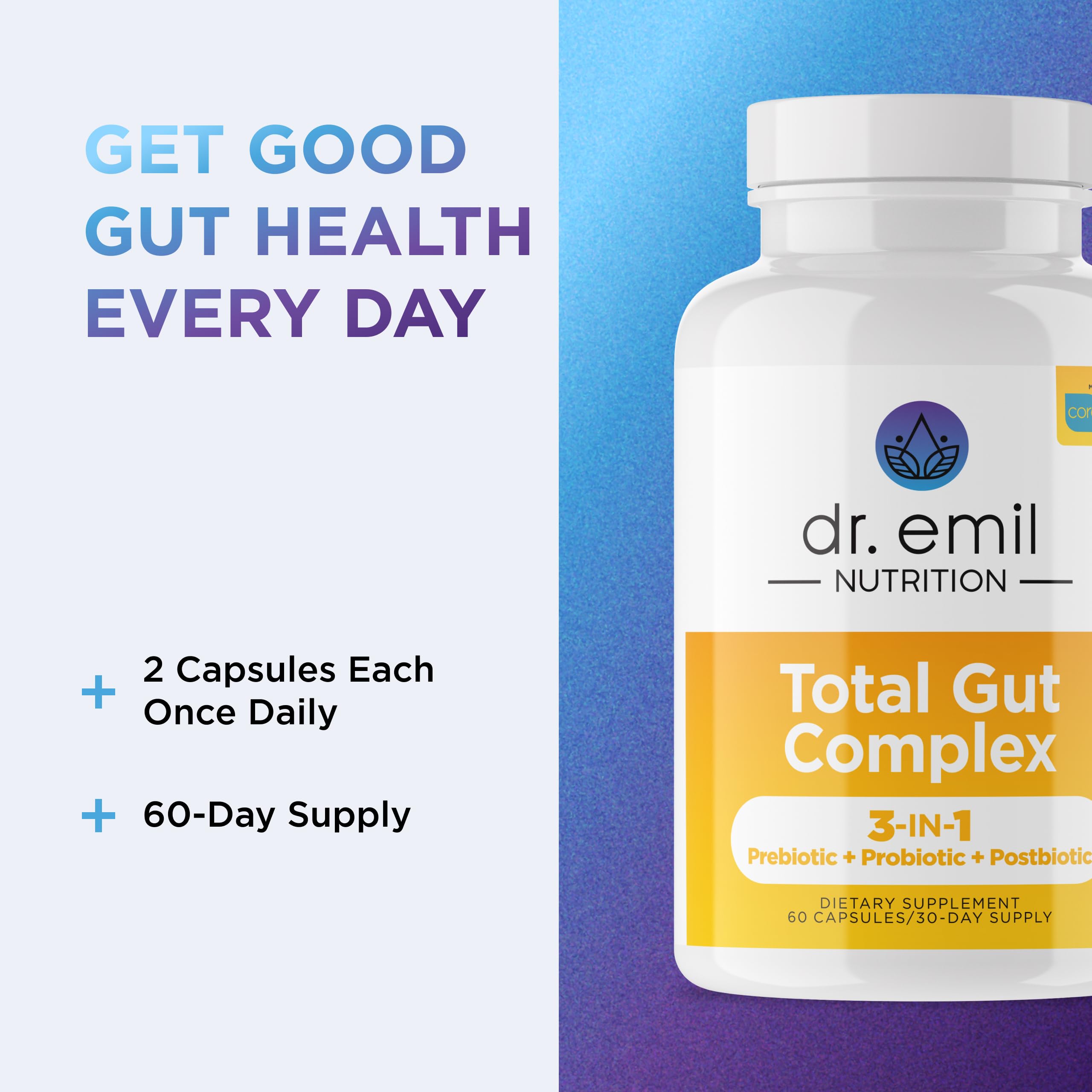 DR. EMIL NUTRITION Total Gut Health Complex – Prebiotic, Probiotic & Postbiotic Digestive Health Supplement | 120 Capsules