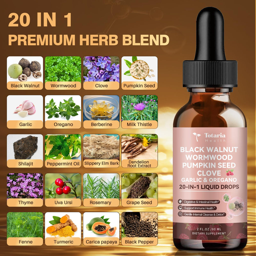 Totaria 20 in 1 Black Walnut Wormwood Tincture – Raspberry Flavor, Alcohol-Free, Gut Health – 2FL