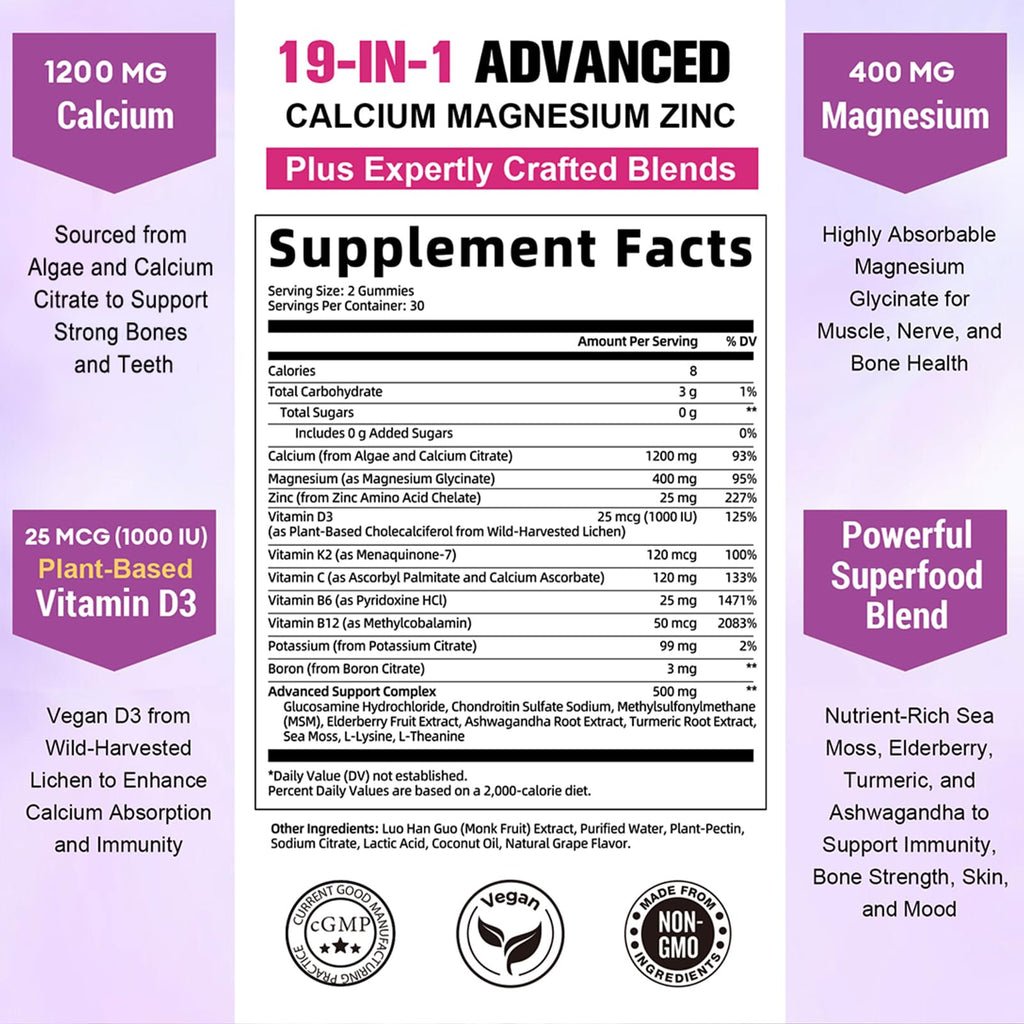 Totaria Sugar Free Calcium Magnesium Zinc Gummies - 1200 mg, 19-in-1 Vegan