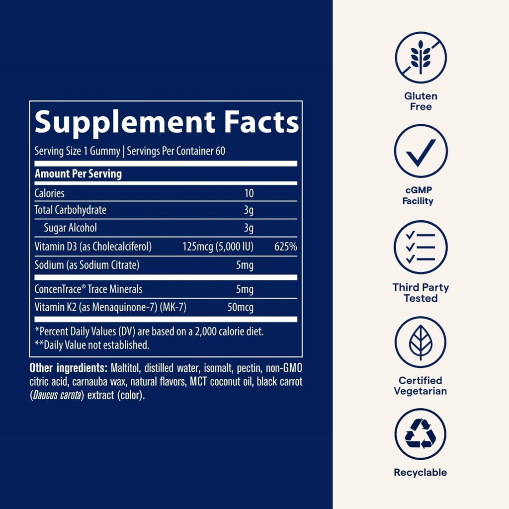 Trace Minerals D3 + K2 Gummies – Vegan, Gluten-Free, Strawberry, 60 Servings