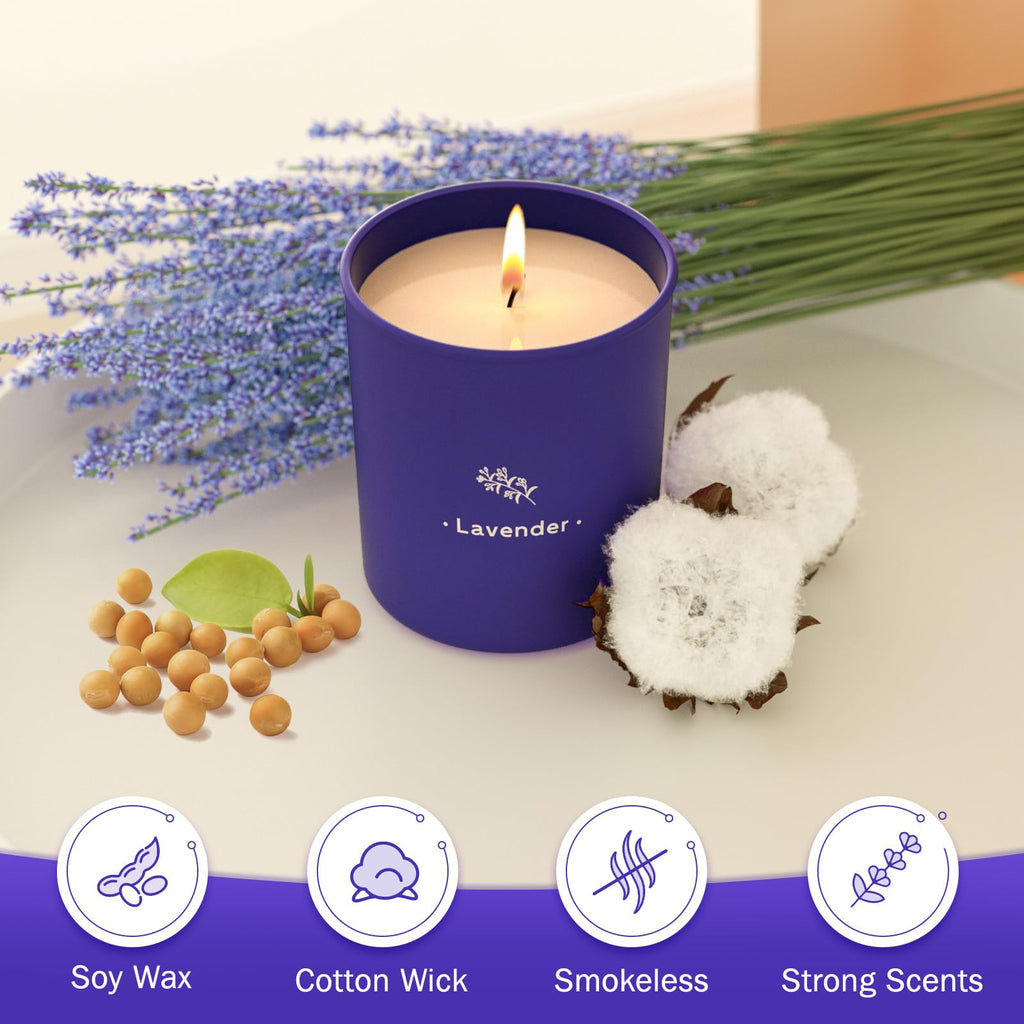 TranquilBliss Lavender Candles – 8 oz Soy Wax, Purple Jar, 4 Pack