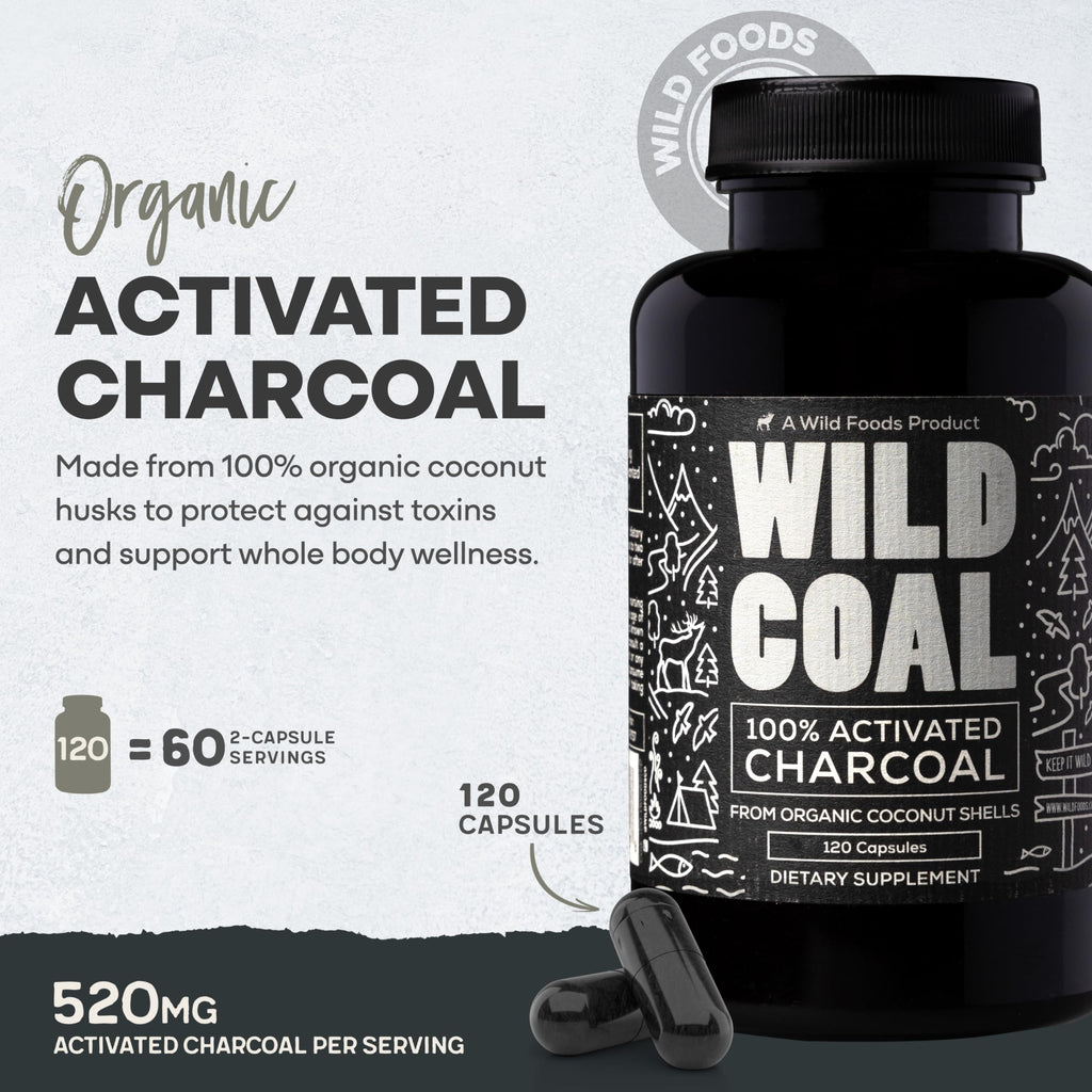 Wild Foods Activated Charcoal Capsules – 100% Organic Coconut Shells, Made in USA (120 Ct)