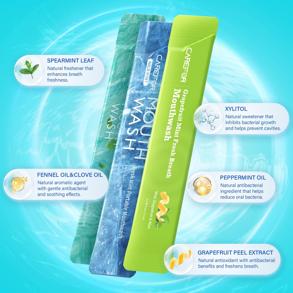 Travel Size Mouthwash Packets – 3 Flavors (Fresh Mint, ICY Mint, Grapefruit Mint)