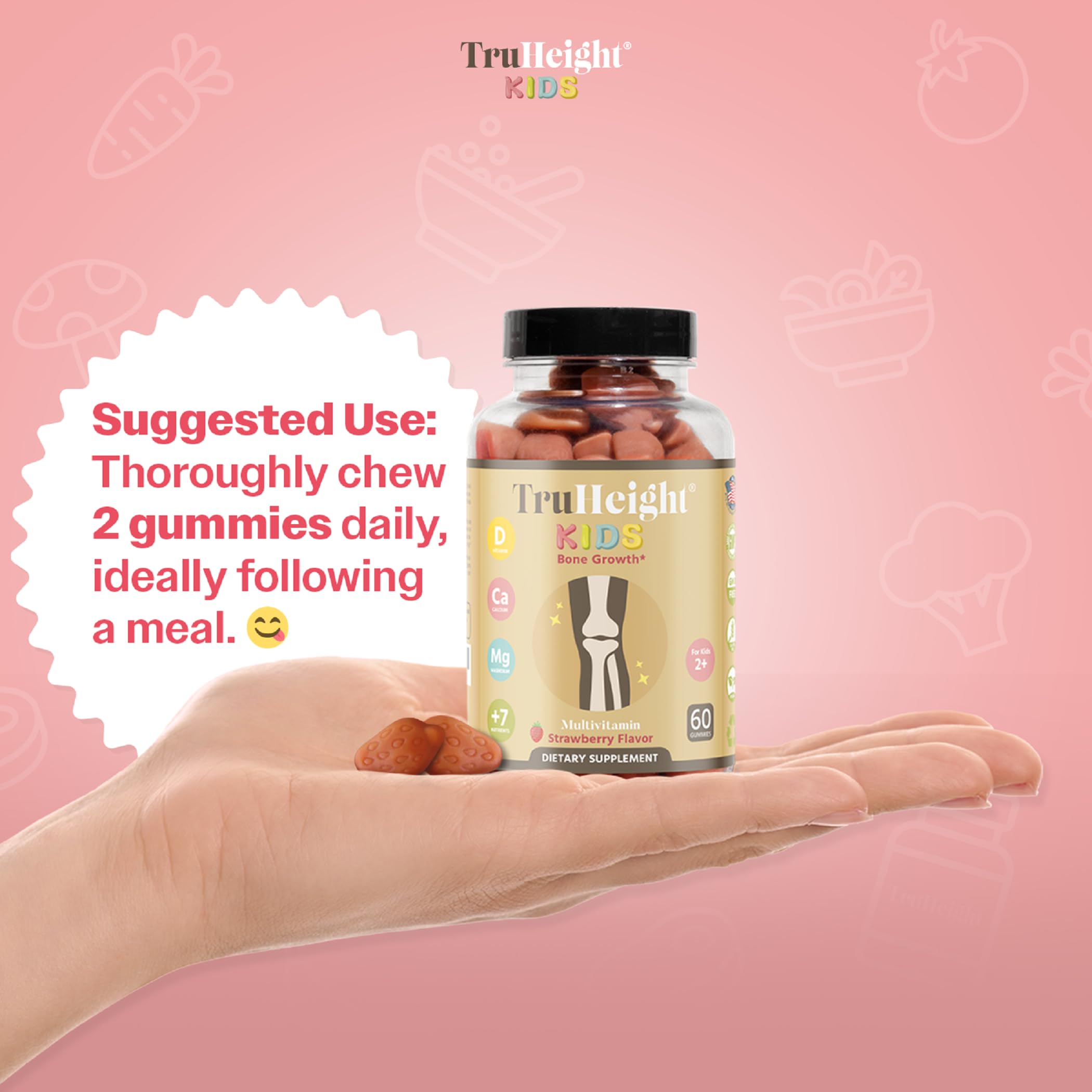 TruHeight Kids Bone Growth Gummies - Strawberry, 2+ | D3, K2, Calcium