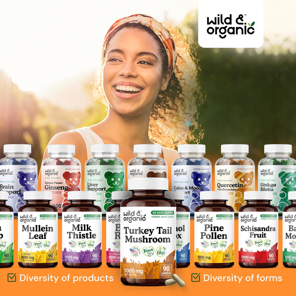 Wild & Organic Turkey Tail Mushroom Capsules 1000 mg – Immune Support (90 Count) | Vegan, Non-GMO