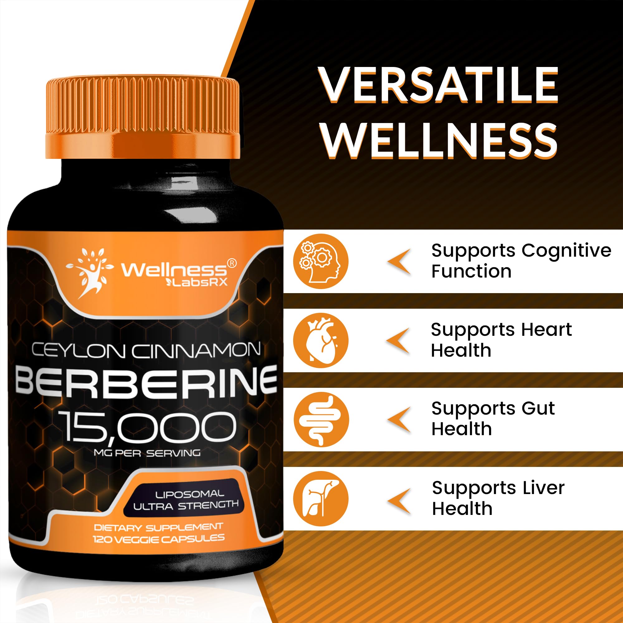 WELLNESS LABSRX Berberine 15,000mg – 120 Capsules | Third-Party Tested HCL with Cinnamon, Black Pepper & Apple Cider Vinegar