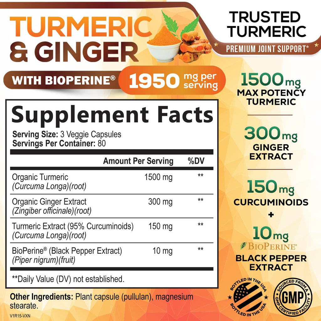 Turmeric Curcumin 1950mg – 95% Curcuminoids, Organic Turmeric & Ginger, BioPerine | 240 Capsules