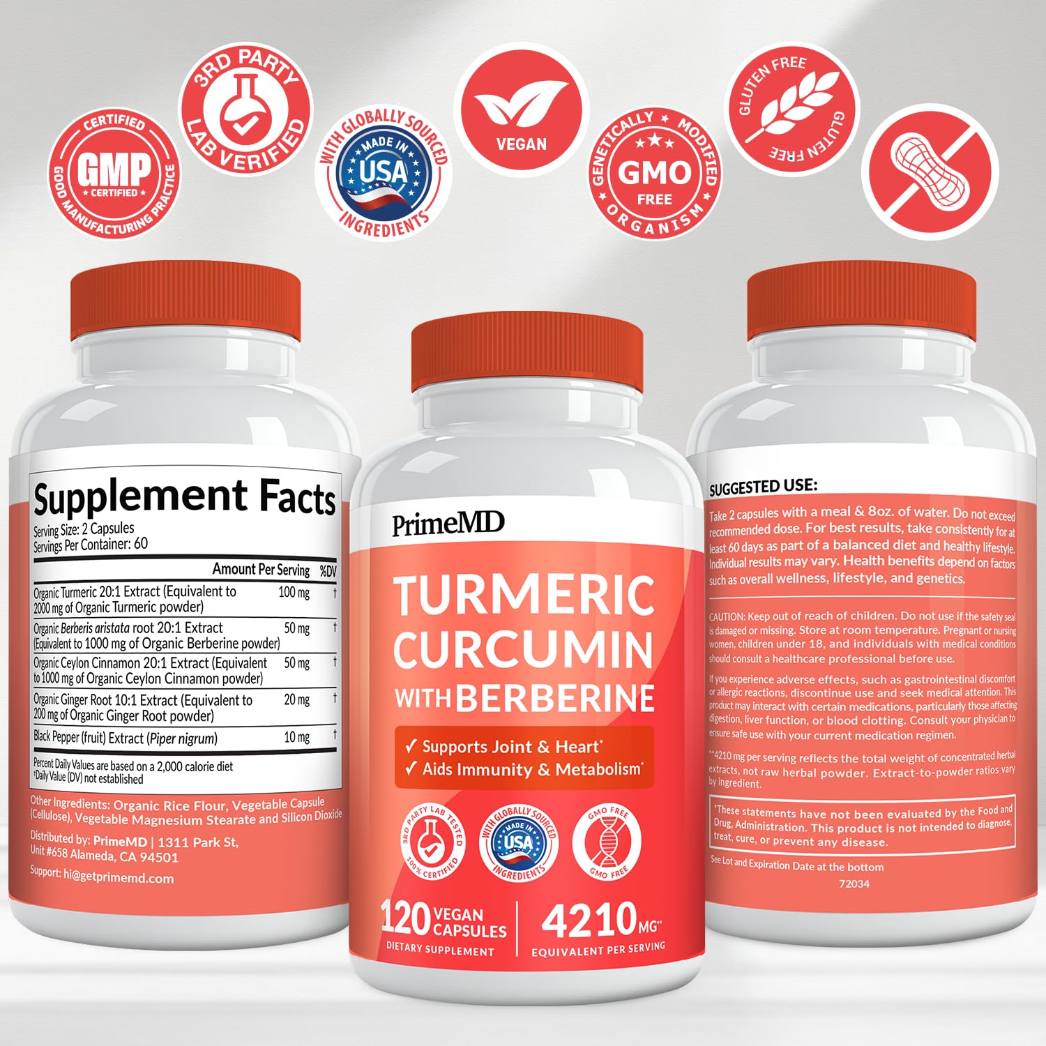 PrimeMD 5-in-1 Organic Turmeric Curcumin with Berberine & Bioperine – 120 ct (Pack of 3)