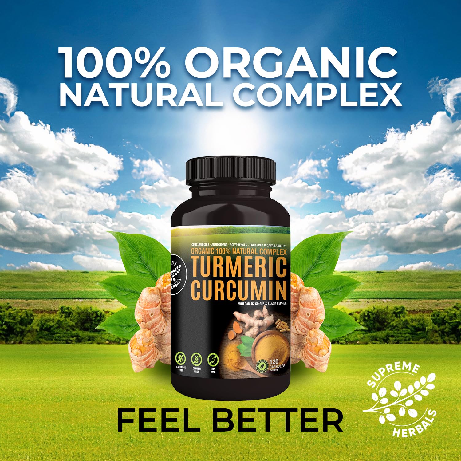 SUPREME HERBALS Turmeric Curcumin 500mg Capsules - Organic, Gluten-Free, Non-GMO (120 Vegan)